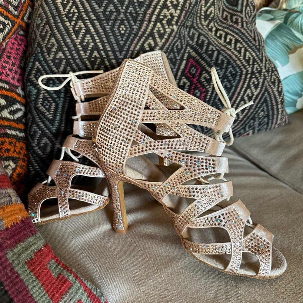 Elegant Strappy Tan Heels rhinestone dance ballroom burlesque